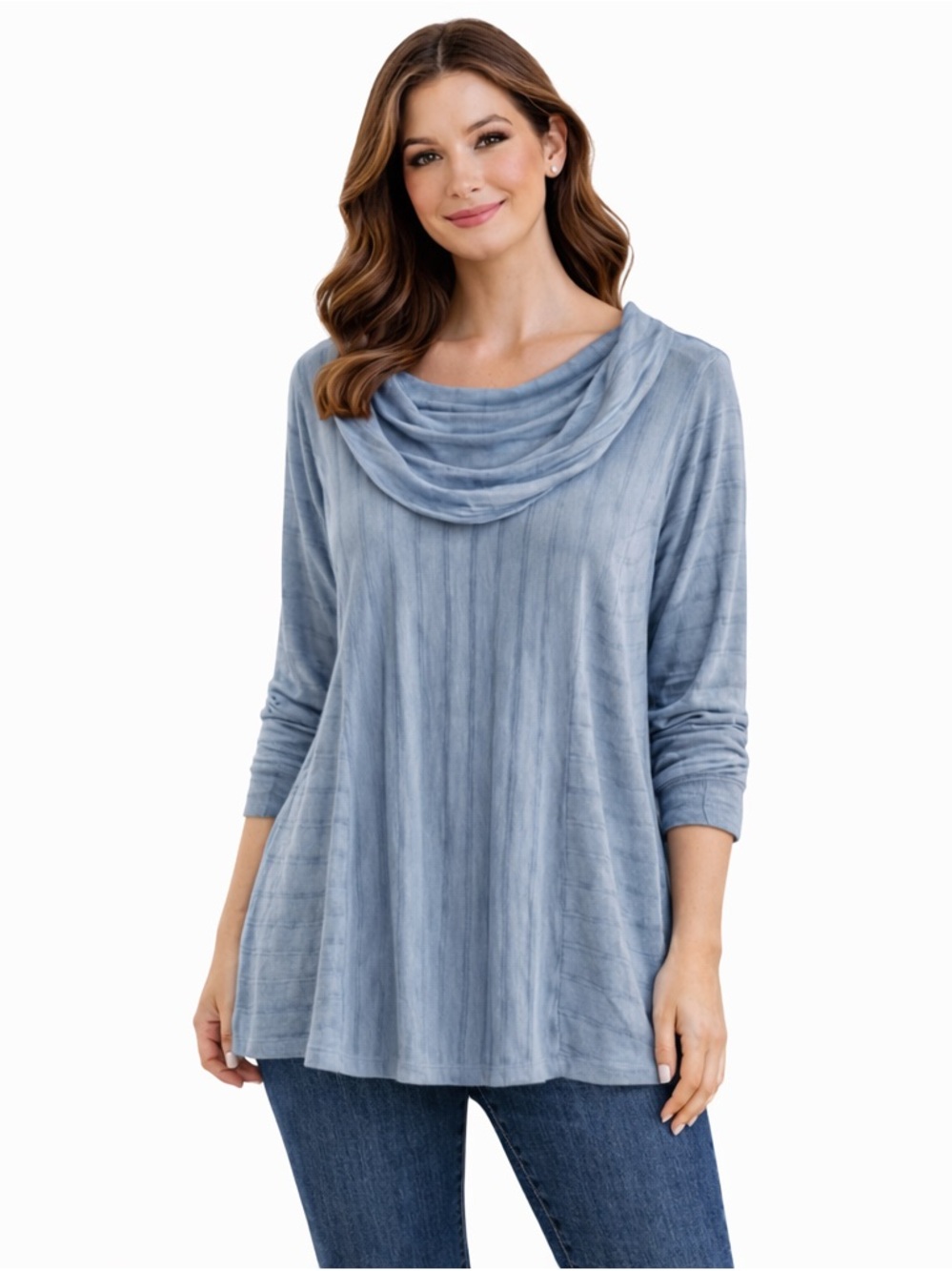Blue Grey Cowl Neck Tunic Top